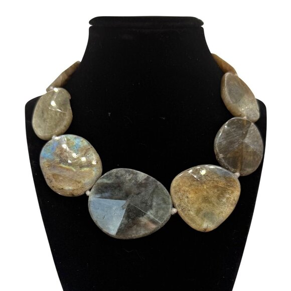 Chunky Labradorite Statement Necklace Polished Iridescent Stone Jewelry Boho 925 - Picture 1 of 16
